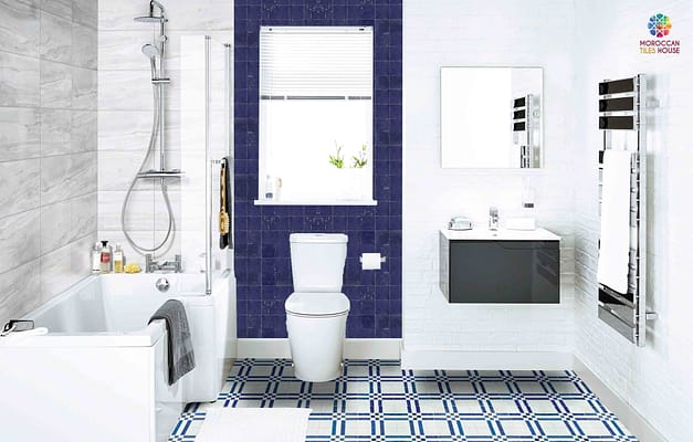 Stunning Combination of Blue mosaic & blue-white cement tile in a Bathroom 