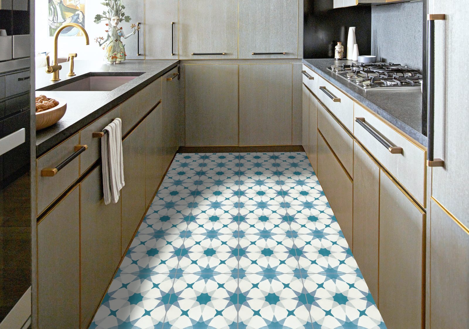 Moroccan Cement tile on kitchen floor